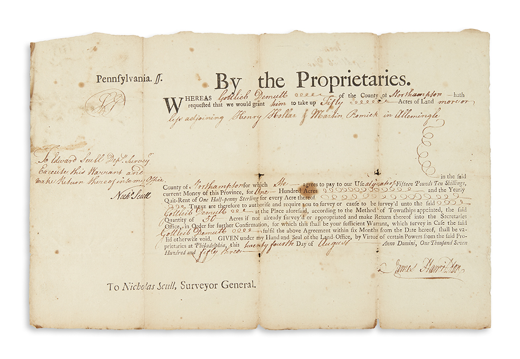 (FRANKLIN, BENJAMIN.) Land grant form titled By the Proprietaries, printed by Franklin.